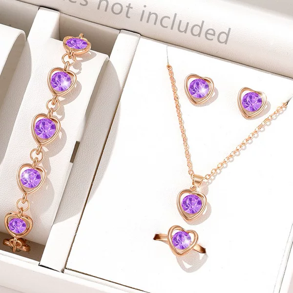 European and American Cross-Border New Fashion Jewelry Set: Hollow Heart Colorful Diamond Earrings, Bracelet, Stylish Necklace, and Ring Four-Piece Set