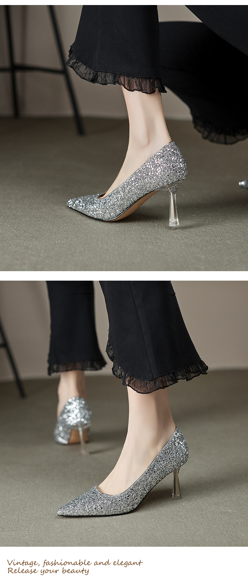 Giày cao gót nữ mũi nhọn đính sequin gót pha lê bạc — Màu bạc chi tiết 5