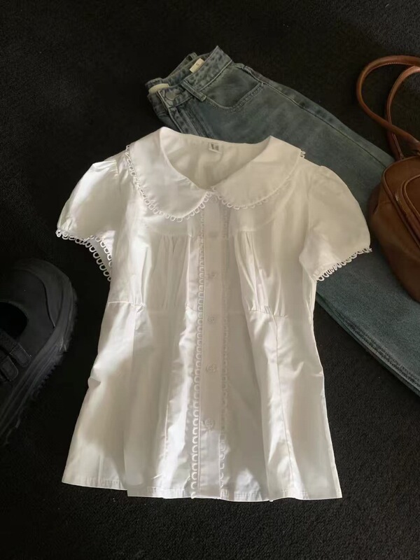 Sweet and Alluring Vibe, Also Slimming! White, Beautiful, Sweet Doll Collar Shirt for Women, 2026 Summer Top for Petite Figures