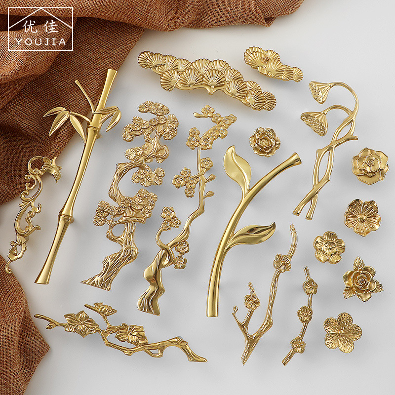 法式复古黄铜衣柜拉手松树荷花梅花竹节金色抽屉单孔柜门全铜把手