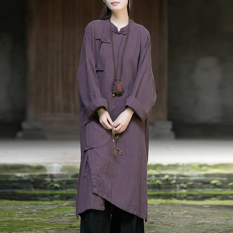 Heavy-duty new Chinese-style dress for women, autumn new collection, Zen meditation robe, cotton and linen retro Zen-inspired robe with a bias front