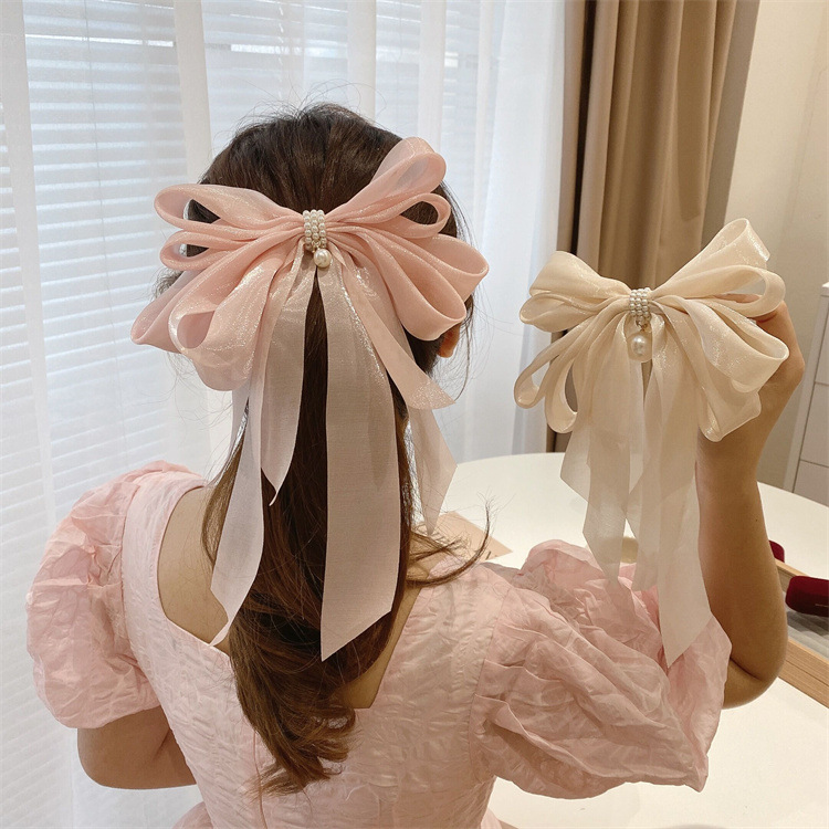 Artificial Pearls Inlay Material Sweet Bow Knot Cloth Organza Inlay Artificial Pearls Hair Clip 1 Piece