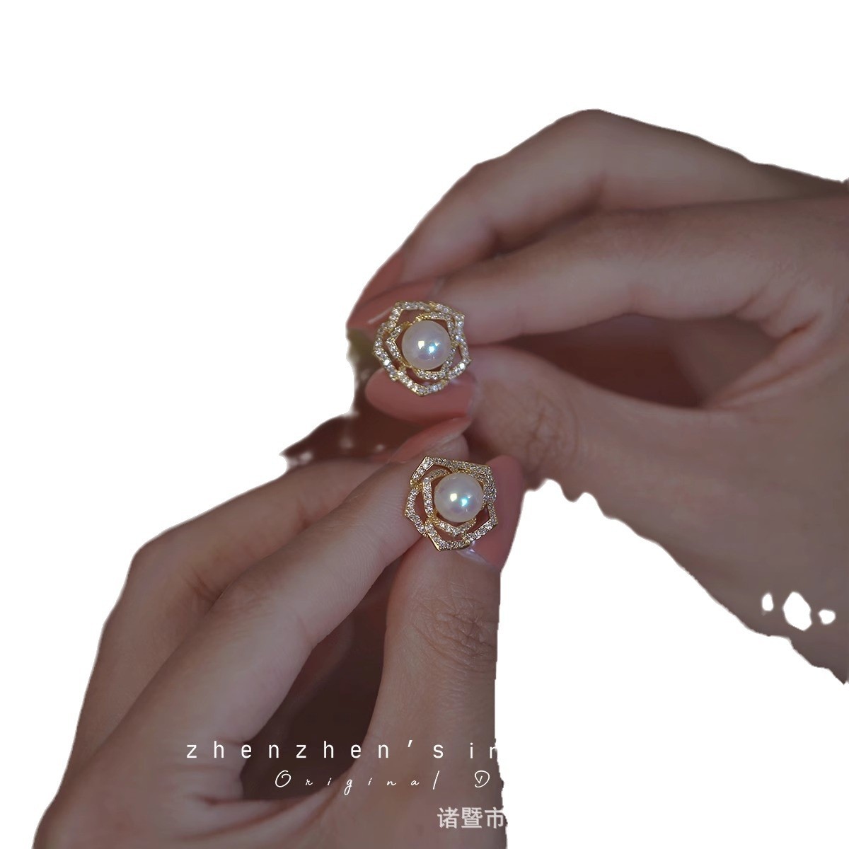 ZHUJI 담수 진주 귀걸이 입체 지르콘 로즈 귀걸이 한국 스타일 귀걸이 여성 선물 S