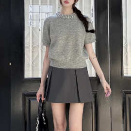 韩系灰色带钻圆领短袖t恤女2024夏季新款高级感慵懒风针织衫上衣
