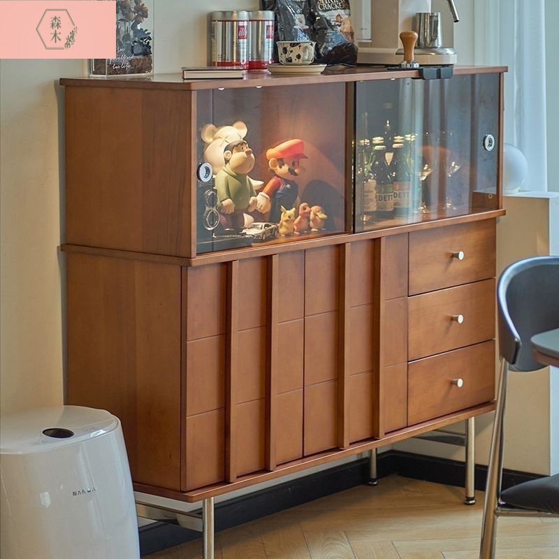 Restaurant Home Nordic Solid Wood Sideboard Living Room Storage Glass Storage Cupboard Medieval Solid Wood Heightened Display Cabinet