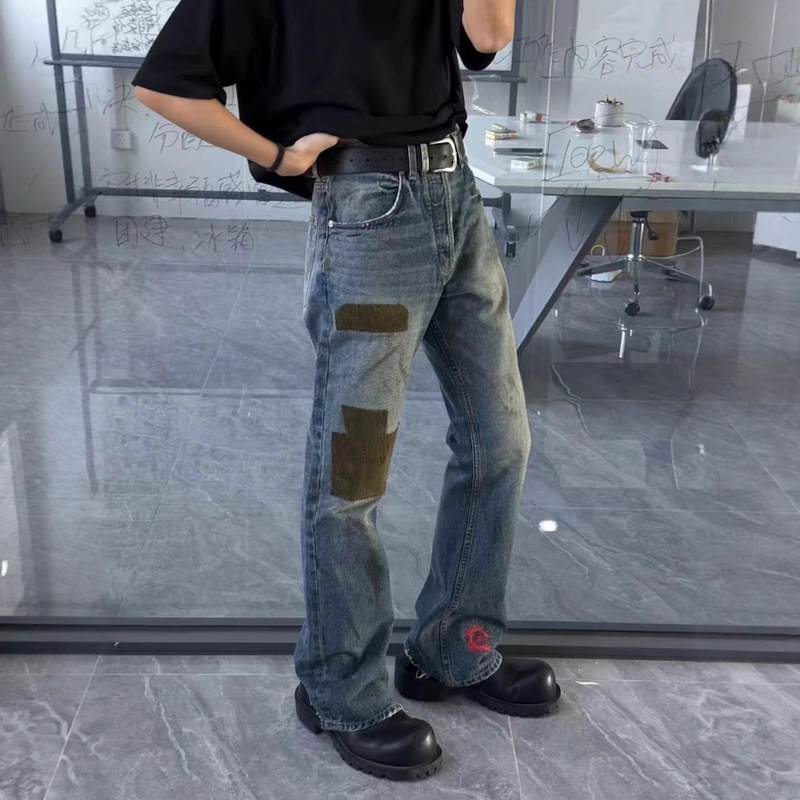 Erd Grjkd Melancholic Rich Second-Generation Patchwork Distressed Corduroy Splatter Embroidery Washed Party Pants Jeans Trendy