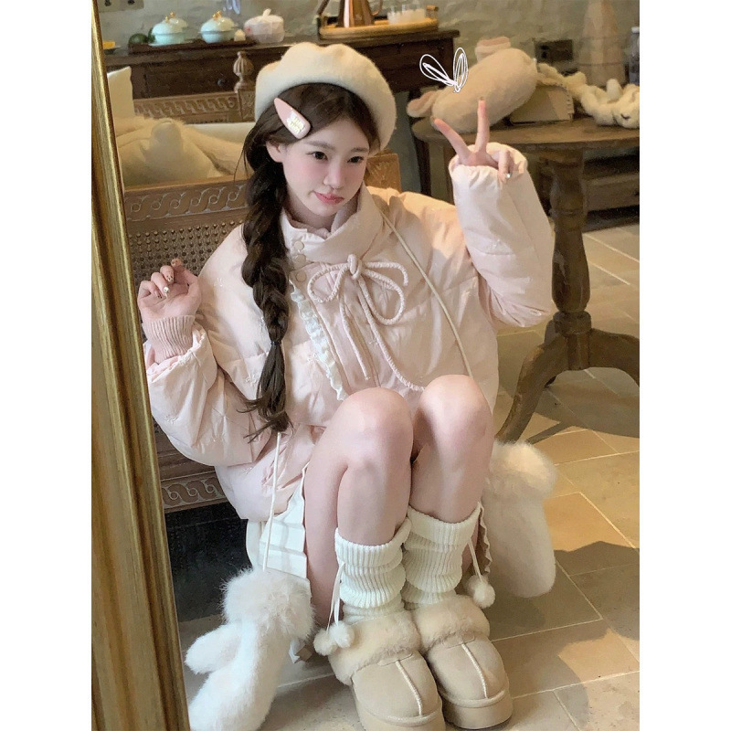 Sweet and Cute Bow Embroidered Pink down Jacket for Women 2025 Winter New Style Short Bread Jacket for Small People