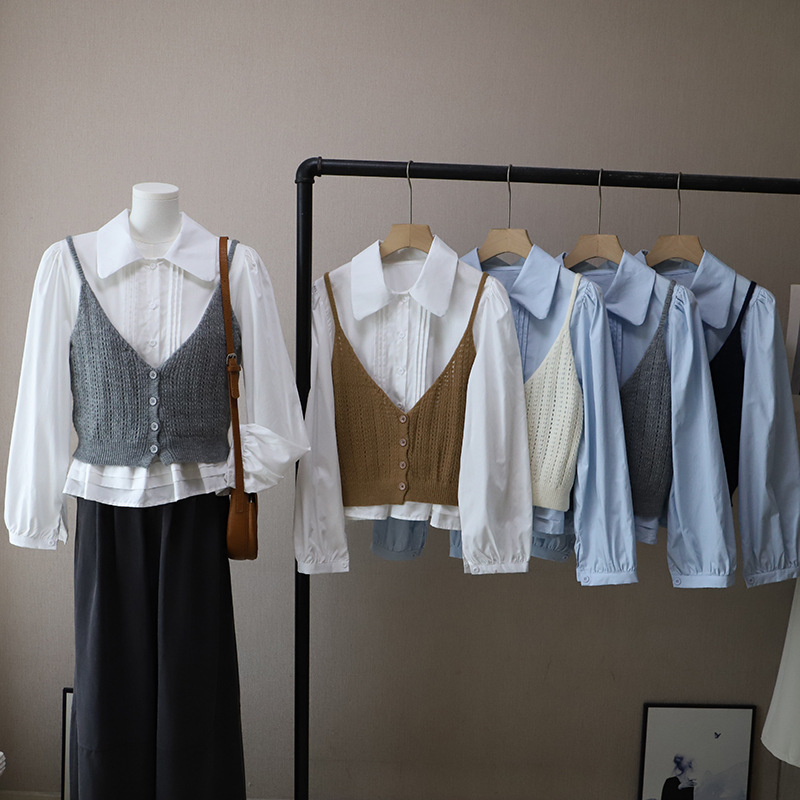 [比正]2025秋季新韩版减龄泡泡袖衬衫+开衫针织吊带两件套女4889