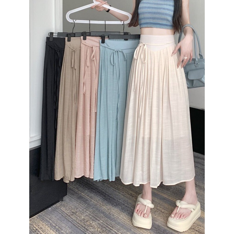 Cotton and Linen Skirt Women's Mid-length Short Lace-up High Waist Fluttering Vessel Skirt Fairy Mori A- line Large Swing Skirt for Summer