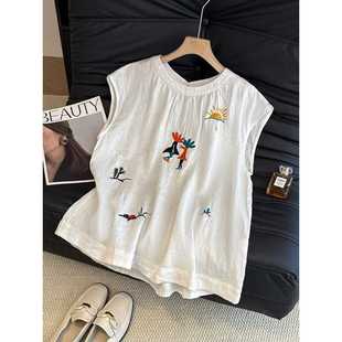 Linen Embroidered Sleeveless Shirt for Women 2025 Summer Breathable Age-Reducing Flying Sleeve Wide Top