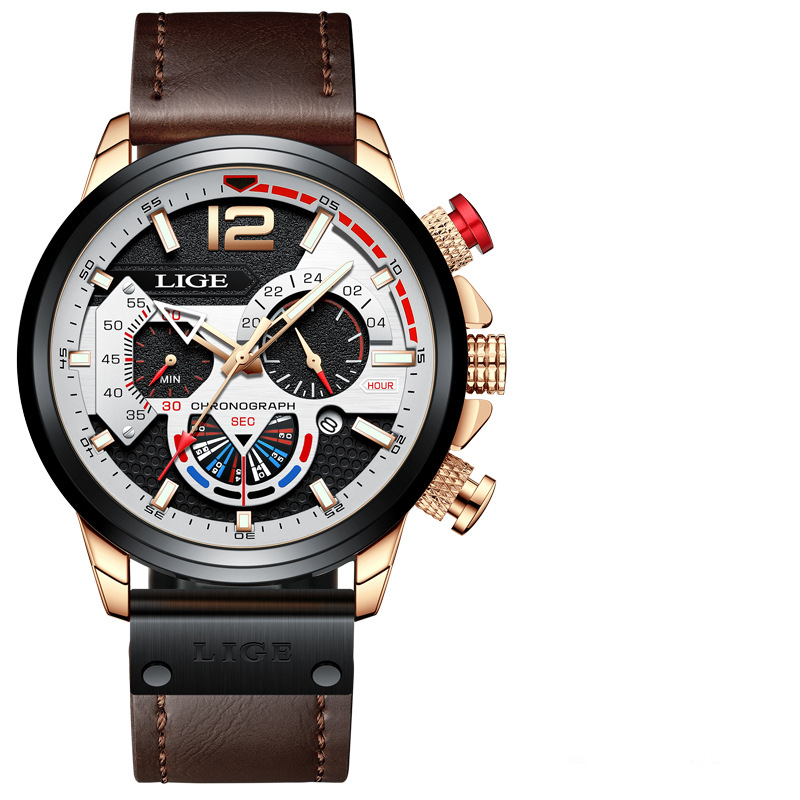 LIGE 8959 nuevo cinturón de seis pines calendario personalidad dial luminoso aguja multifuncional transfronteriza reloj de hombre