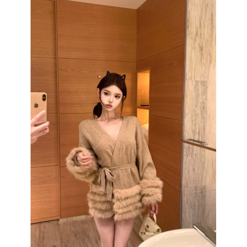 名媛慵懒迷人温柔气质毛毛拼接领系带针织开衫上衣秋冬外套女|undefined