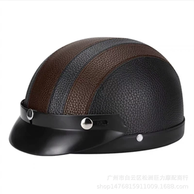 Leather Helmet Motorcycle Electric Vehicle Helmet Neck Gaiter Goggles Retro All-Season Unisex Pu Leather Riding Half Helmet