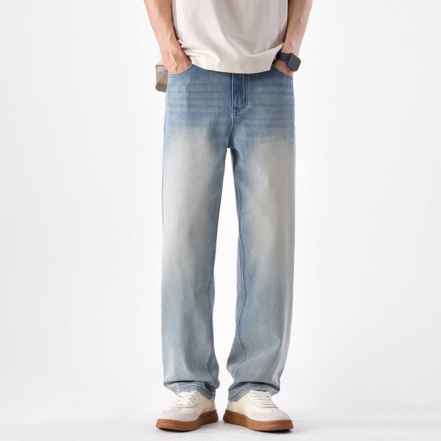 Pantalones Jeans Rectos Elásticos para Hombre de Algodón Alta Elasticidad Lavado para Ocio image 1