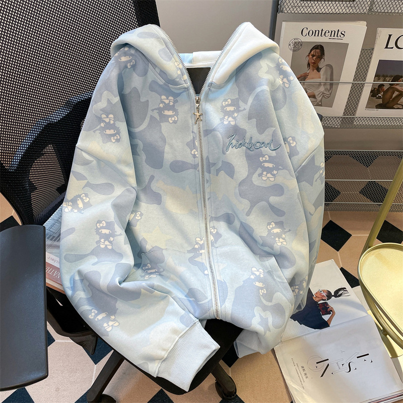 アメリカンスイートクールフルプリント迷彩刺繍kt猫スウェットシャツレディース春秋ヴィンテージドーパミンフード付きジャケットカーディガン|undefined