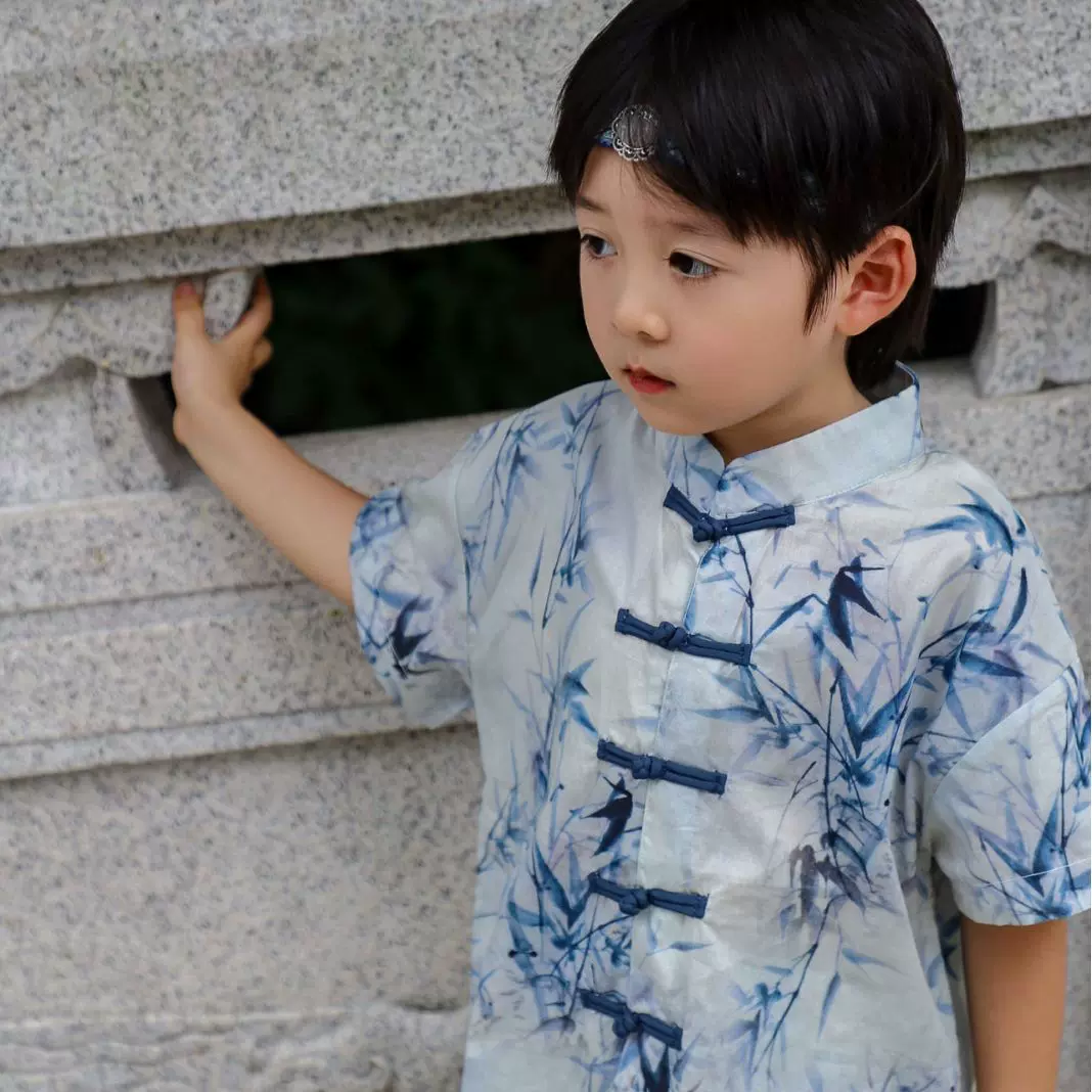2024夏季新款宝宝汉服新中式水墨感竹子儿童唐装男童对襟短袖套装
