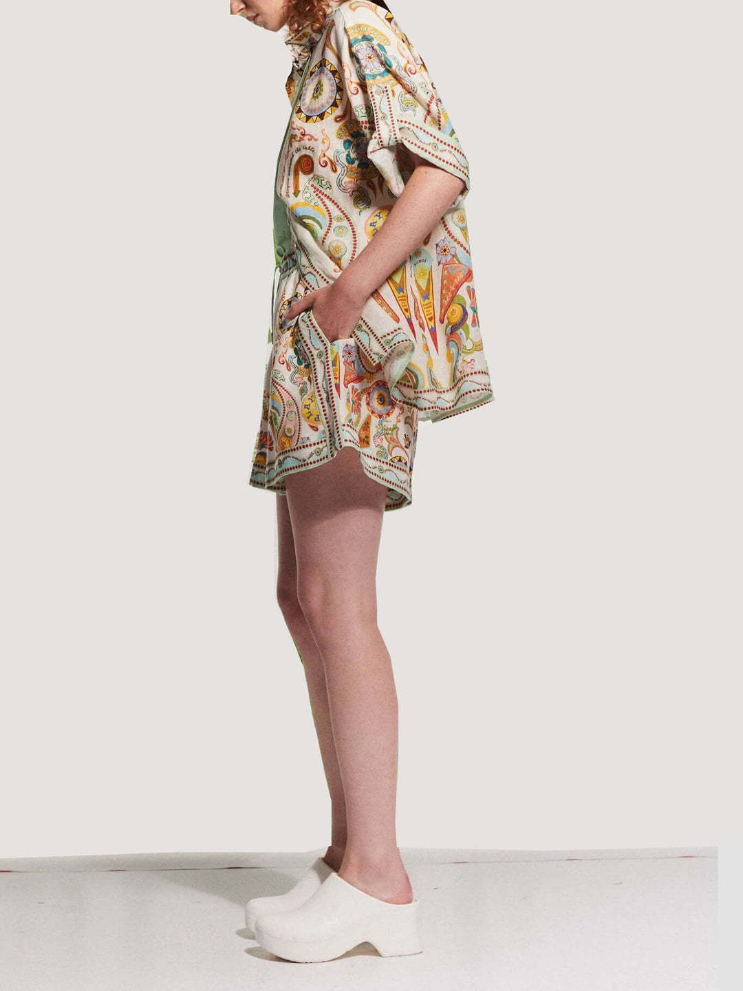 Linen Graffiti Linen Macaron Collared Shorts Sets