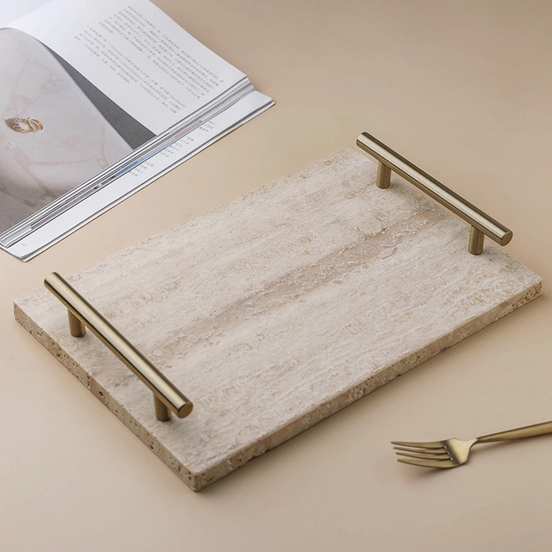 Bandeja de almacenamiento de travertino natural ins de estilo nórdico Disco de decoración del hogar retro de lujo ligero Disco de almacenamiento de mango dorado Escritorio