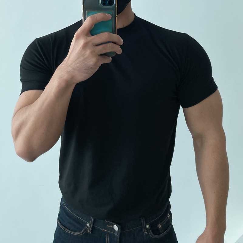 Summer thin solid color sports shirt men's fitness quick-drying…
