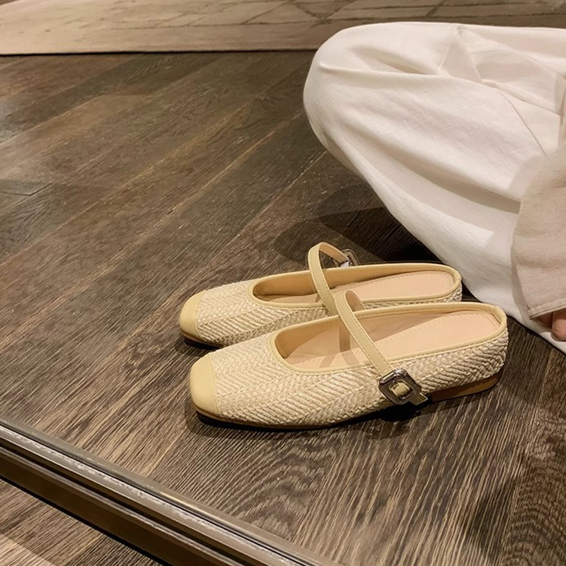 La madre de la uva aumenta 5cm en verano ~ Sandalias de cabeza cuadrada retro tejido de paja estilo vacacional perezoso medio arrastrando mujer verano