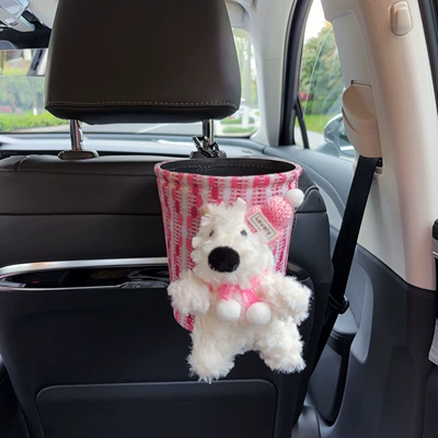 Car tissue box/set and trash bin 2-in-1, West Highland - pink-hat-west-highland-fabric-trash-can-clip-on-style
