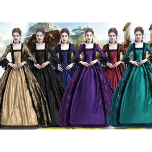 Cross-border new vintage palace dress printed lace stitching large size bell sleeve medieval dress Amazon