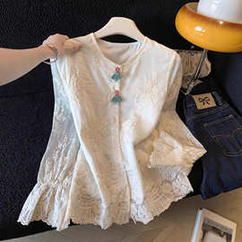 韩版早春新款新中式国风提花刺绣圆领蕾丝衫长袖衬衫薄款上衣女装