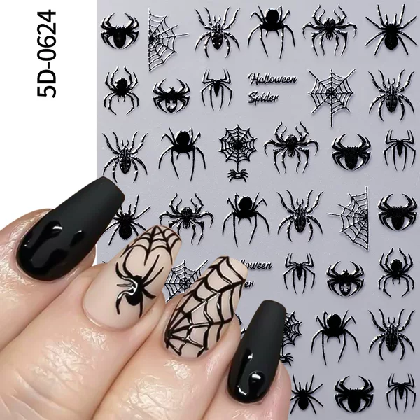Cross-Border Dark Style Halloween Nail Art Stickers New Technology Varnish Embossed Black Spider Bat Nail Art Decoration