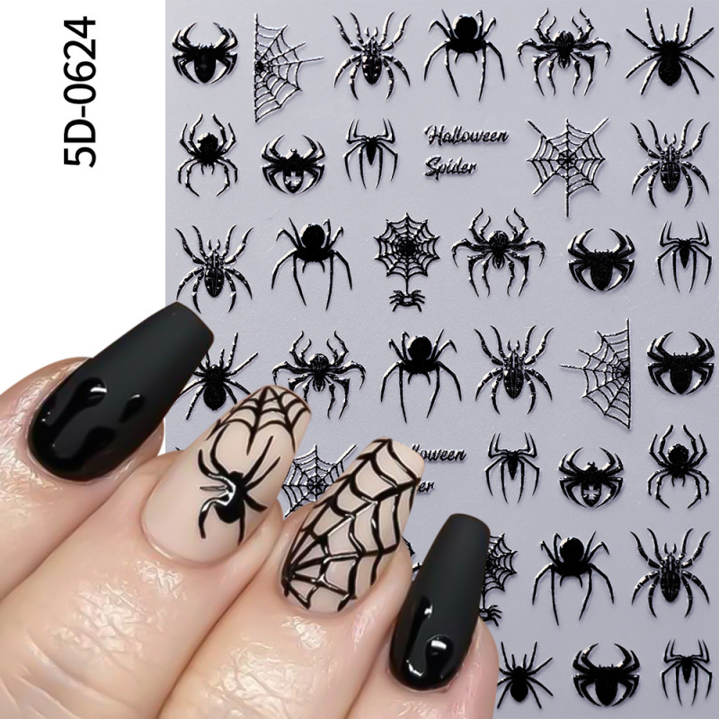 Cross-Border Dark Style Halloween Nail Art Stickers New Technology Varnish Embossed Black Spider Bat Nail Art Decoration