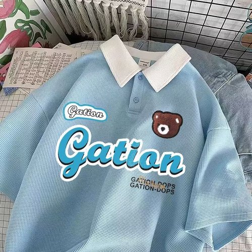 2024 Summer New Men's Waffle-Polo Short-Sleeve T-Shirt in Klein Blue—Trendy Brand, Loose-Fit, Hong Kong-Style T-Shirt