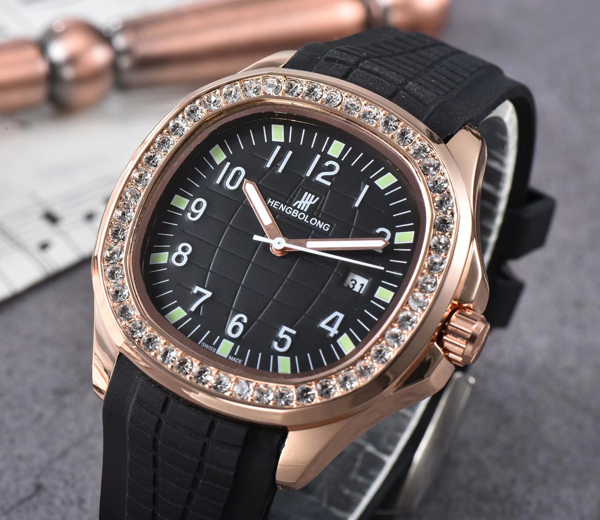 Men's Quartz Watch Square Nautilus Style Diamond Set Silicone_voghion.com