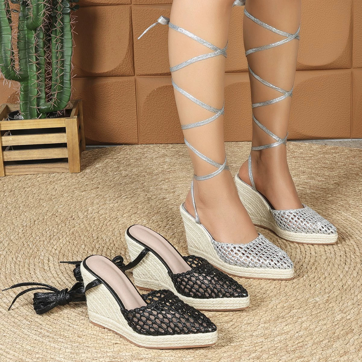 Женские сандалии для трансграничного экспорта, новые босоножки на танкетке на толстой подошве, соломенные женские туфли на высоком каблуке, модные повседневные вечерние сандалии.