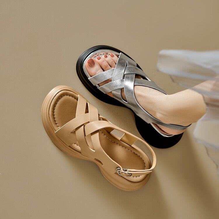Sandal da cừu đế dày hở ngón tăng chiều cao nữ — Màu bạc, Màu mơ