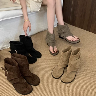 博主同款！网红小众个性夹趾透气罗马凉靴女休闲人字拖平底短筒靴