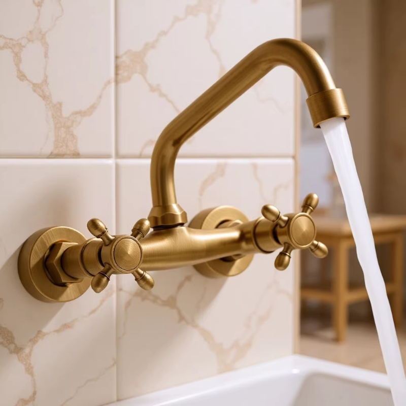 Bathroom wall-mounted basin faucet European-style golden faucet Wall hot and cold all-copper antique faucet wall outlet