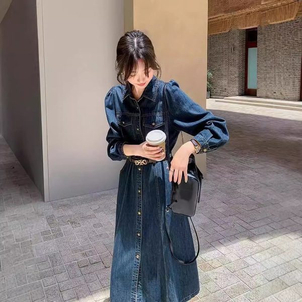 Demi-season long denim dress