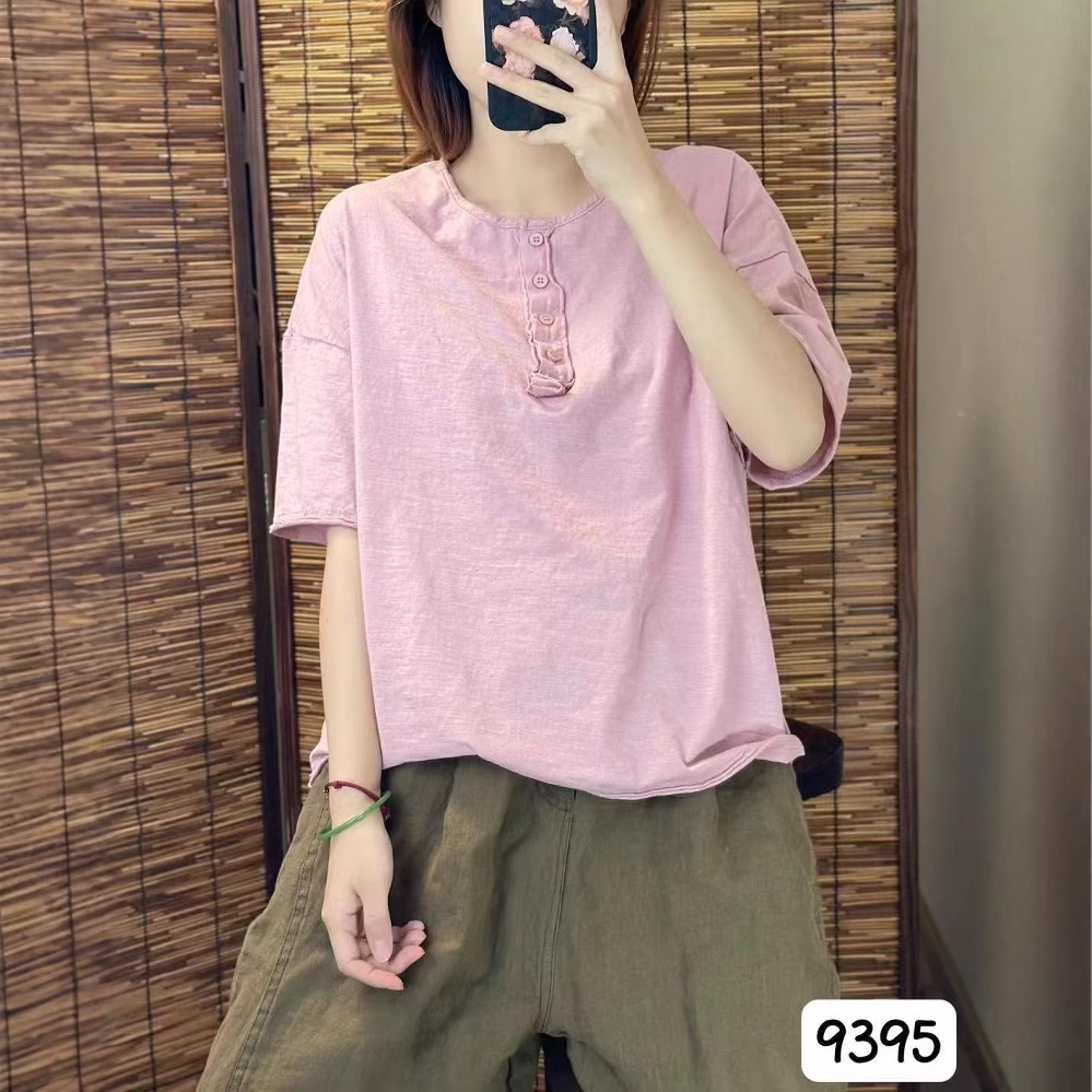 2025夏韩版简约宽松圆领半开扣五分袖套头T恤百搭休闲小衫女9395