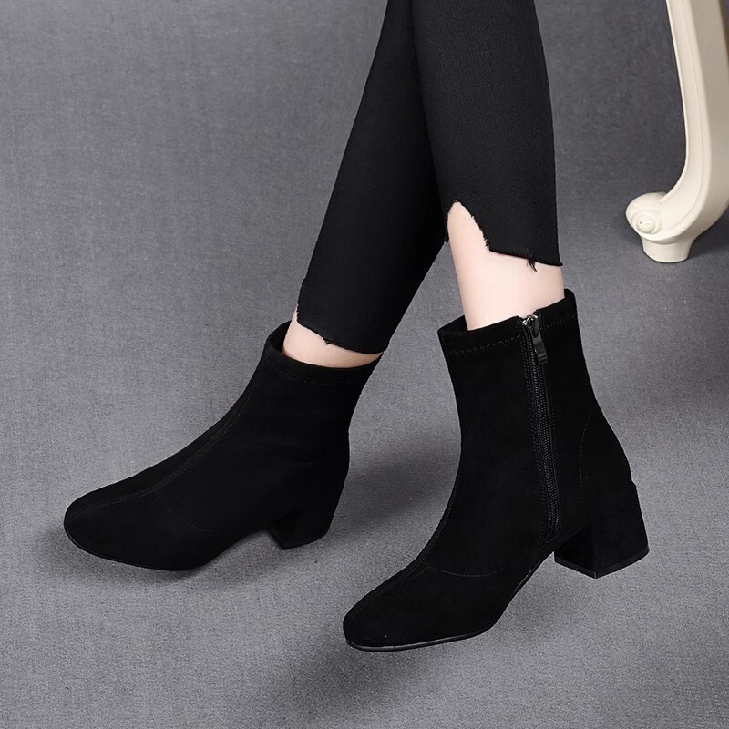 Genuine Leather Frosted Short Boots Women's 2023 New Chunky Heel Spring and Autumn Single Boots Round Toe Suede Black Thin Boots Winter fleece-lined