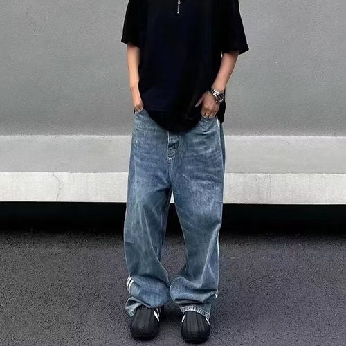Relaxed jeans, Harajuku retro striped high-quality sports pants for men and women, casual wide-leg jeans, streetwear clothing