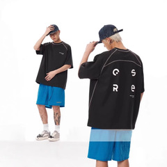 アメリカンハイストリートコントラストカラーハッセルブラウスデザインの男性と女性のルーズ半袖Tシャツ夏のファッションスプライシングスポーツトップシャツ