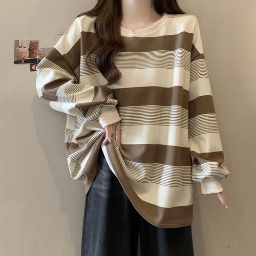 New Autumn Slimming Fat Mm Stomach Covering Loose Student Top American Retro Striped Thin Sweatshirt Women's Style