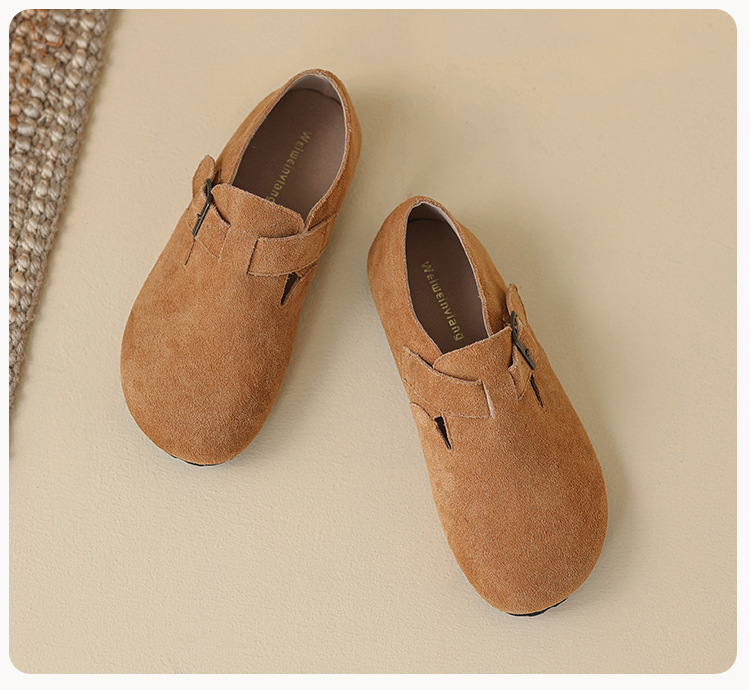 2024 New Women's Genuine Leather Winter Outwear with Plush Shoes Flat Sole, One Step Milard Retro Soft Sole Bucken Single Shoes_voghion.com