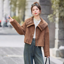 皮毛一体大翻领羊羔毛外套女2025冬季加绒加厚保暖上衣 YF2667