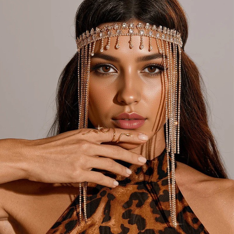 Cross-border popular ethnic-style forehead chain with rhinestone tassels, elastic headband, women's headwear