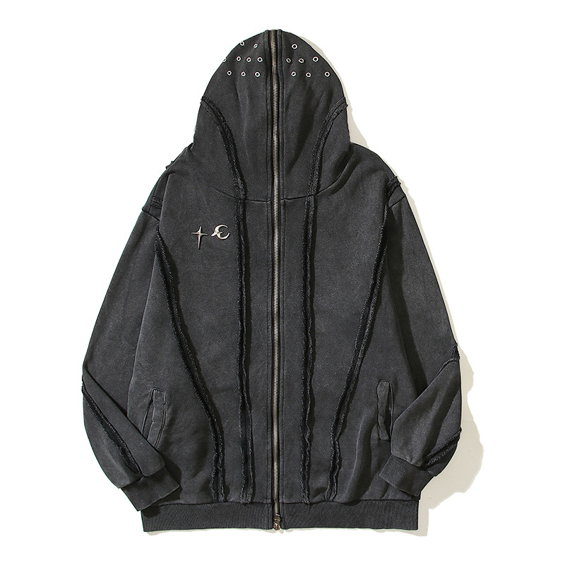 Herrenbekleidung, modischer, gewaschener Batik-Reißverschluss, Haifisch-Maske, Strickjacke mit Kapuze, lässige Großformatjacke_voghion.com