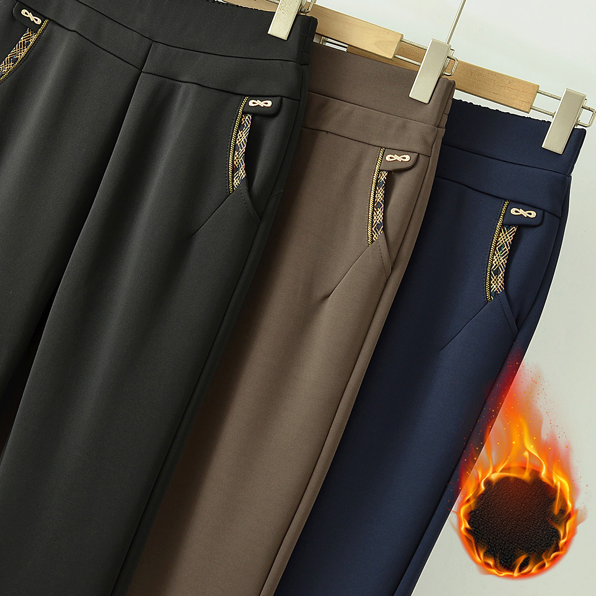 Autumn and winter middle-aged and elderly women's outfitting leggings black elastic waist fleece-lined thickened plus size mother straight pants