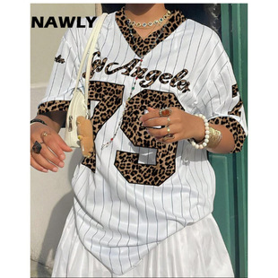 American High Street Casual Sports Baseball Collar Contrasting Short-Sleeved Long-Sleeved Shirt for Women Summer Loose Printed Half-Sleeved Top