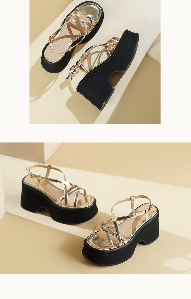 Sandal La Mã dây chéo đế xuồng da thật hở mũi gót cao 9 cm — Màu vàng, Màu bạc chi tiết 6
