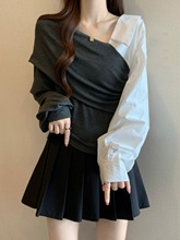 法式露肩长袖衬衫女2025秋季新款小衫大码胖mm不规则气质独上衣