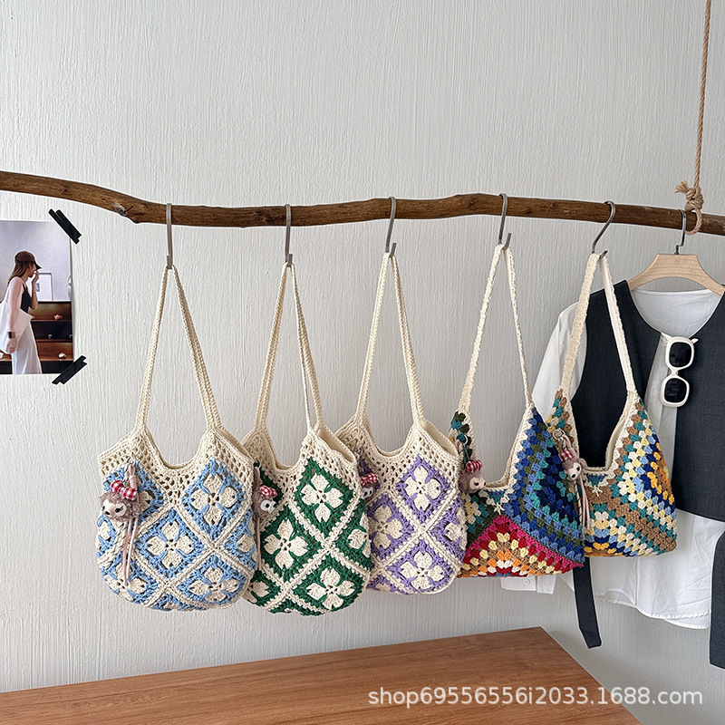Ethnic Style Shoulder Bag, Cotton Thread Crochet Handmade Woven Bag, Colorful Granny Square Straw Bag, Vacation Style Beach Bag